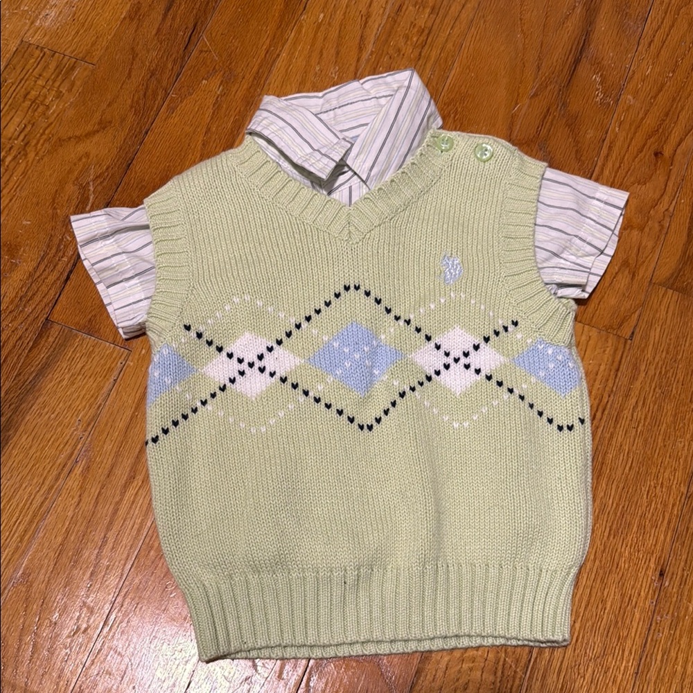 Green and Blue Argyle Sweater Vest with Collared Shirt